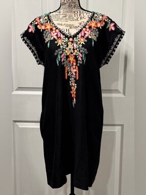 Black Embroidered V-Neck Midi Dress with Colorful Floral Accents